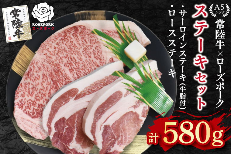 【常陸牛 A5ランク・ローズポークステーキセット】常陸牛サーロインステーキ300g＋ローズポークロースステーキ280g（140g×２枚） 冷凍 国産牛 和牛 牛肉 豚肉　ブランド豚 茨城県 水戸市 食べ比べ セット商品 国産 20000円以内 老舗精肉店 EK-44