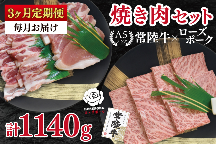 【3ヶ月定期便】【常陸牛 A5ランク・ローズポーク焼肉セット】常陸牛カルビ180ｇ＋ローズポーク200ｇ（ロース100ｇ・ばら100ｇ） 冷凍 国産牛 和牛 牛肉 豚肉　ブランド豚 茨城県 水戸市 食べ比べ セット商品 国産 BBQ 老舗精肉店（EK-47_1）