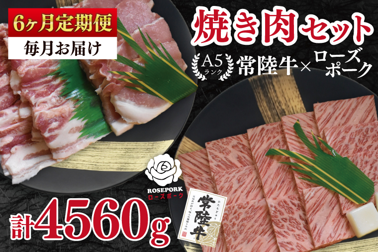 【6ヶ月定期便】【常陸牛 A5ランク・ローズポーク焼肉セット】常陸牛カルビ360ｇ＋ローズポーク400ｇ（ロース200ｇ・ばら200ｇ） 冷凍 国産牛 和牛 牛肉 豚肉　ブランド豚 茨城県 水戸市 食べ比べ セット商品 国産 BBQ 老舗精肉店（EK-48_2）