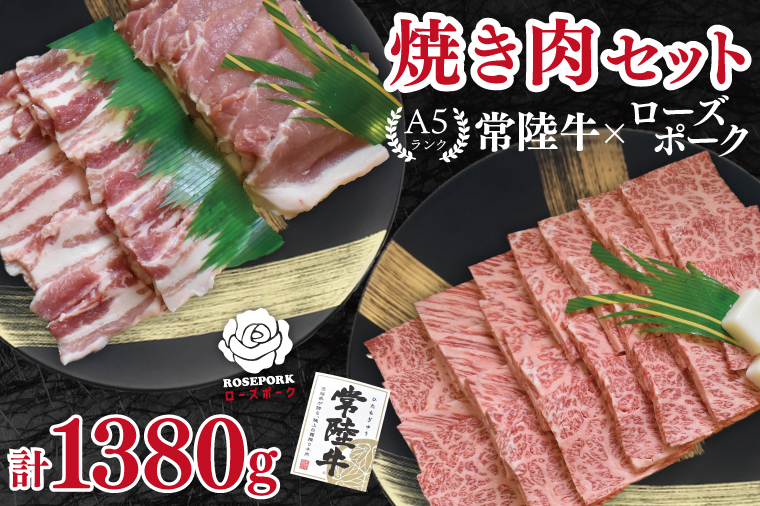【常陸牛 A5ランク・ローズポーク焼肉セット】常陸牛カルビ780g＋ローズポーク600g（ロース300g・ばら300g） 冷凍 国産牛 和牛 牛肉 豚肉　ブランド豚 茨城県 水戸市 食べ比べ セット商品 国産 BBQ 35000円以内 老舗精肉店 EK-49