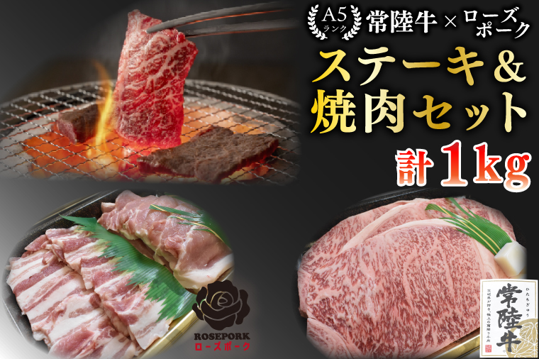 【常陸牛 A5ランク・ローズポークステーキ焼肉セット】常陸牛サーロイン600g（300g×２枚）＋ローズポーク400g（ロース200g・ばら200g） 冷凍 国産牛 和牛 牛肉 豚肉　ブランド豚 茨城県 水戸市 食べ比べ セット商品 国産 BBQ 35000円以内 老舗精肉店 EK-60