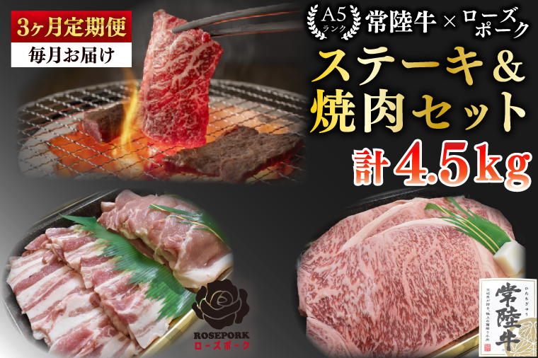 【3ヶ月定期便】【常陸牛 A5ランク・ローズポークステーキ焼肉セット】常陸牛サーロイン900ｇ（300ｇ×３枚）＋ローズポーク600ｇ（ロース300ｇ・ばら300ｇ） 冷凍 国産牛 和牛 牛肉 豚肉　ブランド豚 茨城県 水戸市 食べ比べ セット商品 国産 BBQ  老舗精肉店 (EK-61_1)