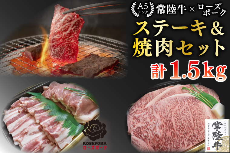 【常陸牛 A5ランク・ローズポークステーキ焼肉セット】常陸牛サーロイン900g（300g×３枚）＋ローズポーク600g（ロース300g・ばら300g） 冷凍 国産牛 和牛 牛肉 豚肉　ブランド豚 茨城県 水戸市 食べ比べ セット商品 国産 BBQ  老舗精肉店 EK-61