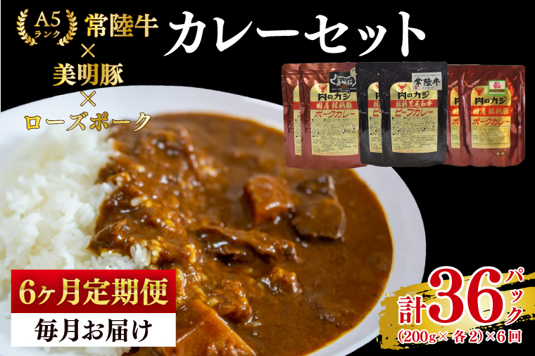 【6ヶ月定期便】【常陸牛 A5ランク】カレー2パック＋【美明豚】カレー2パック＋【ローズポーク】カレー2パック 国産牛 和牛 牛肉 豚肉　ブランド豚 茨城県 水戸市 レトルト 食品 食べ比べ セット商品 国産 老舗精肉店（EK-77_2）