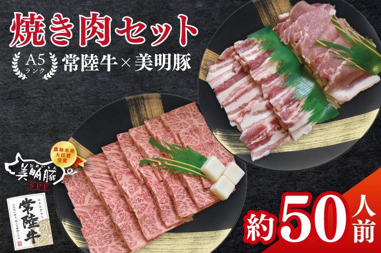 常陸牛A5ランク・美明豚焼肉セット　合計約50人前！｜焼肉 BBQ カルビ ロース バラ 国産牛 和牛 牛肉 豚肉 茨城県 水戸市  国産 老舗精肉店（EK-87）