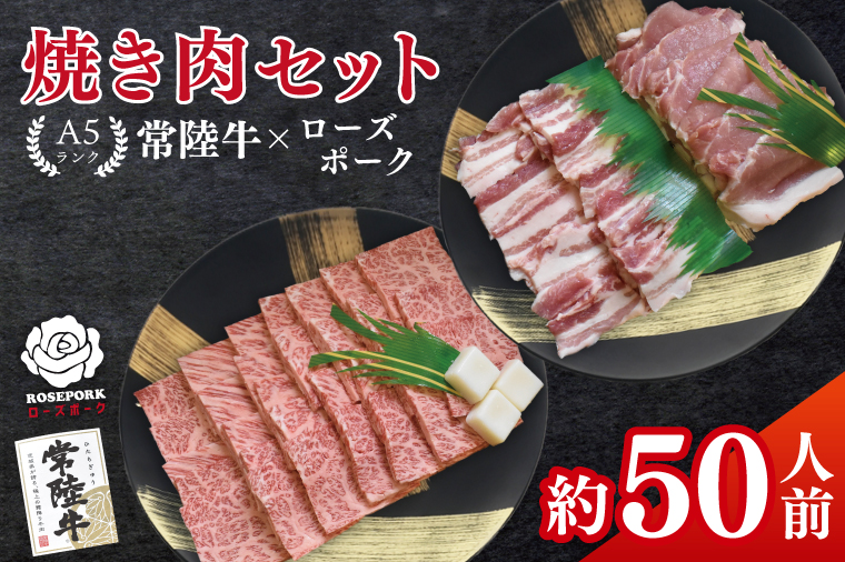 常陸牛A5ランク・ローズポーク焼肉セット　合計約50人前！｜焼肉 BBQ カルビ ロース バラ 国産牛 和牛 牛肉 豚肉 茨城県 水戸市  国産 老舗精肉店（EK-89）