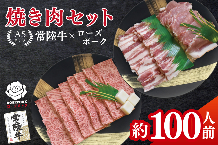 常陸牛A5ランク・ローズポーク焼肉セット　合計約100人前！｜焼肉 BBQ カルビ ロース バラ 国産牛 和牛 牛肉 豚肉 茨城県 水戸市  国産 老舗精肉店（EK-90）