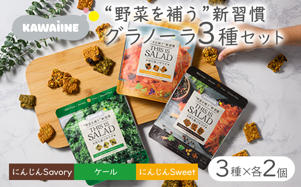 野菜を補うグラノーラ3種セット（ケール・にんじんSweet・にんじんSavory　各2袋）【茨城県産有機ケール・にんじん使用】オーガニック野菜　グルテンフリー　人工甘味料不使用　無添加　※離島への配送不可