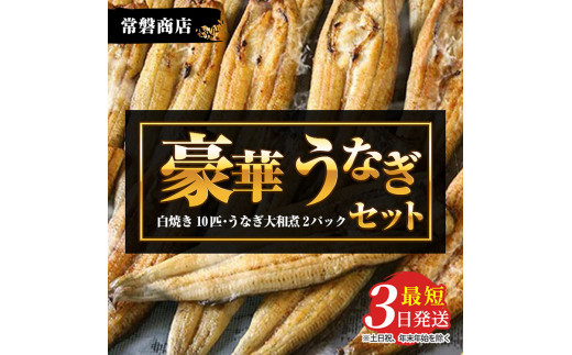 豪華 国産うなぎセット（うなぎの白焼き10匹・うなぎ大和煮2パック）【最短3日発送】国産のブランド鰻を茨城県土浦市の職人が手間を惜しまず一つ一つ丁寧に作り上げた美味しい鰻の白焼きをぜひご賞味ください！土用丑の日に！※離島への配送不可