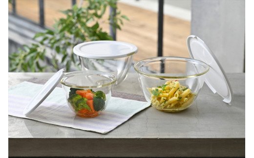 HARIO レンジフタ付き耐熱ガラス製ボウル3個セット［MXPF-4904-W］｜ハリオ 耐熱 ガラス 器 キッチン 日用品 キッチン用品 日本製 おしゃれ かわいい ガラスボウル ボウル 菓子作り 電子レンジ可 水切り 蓋付_BE57