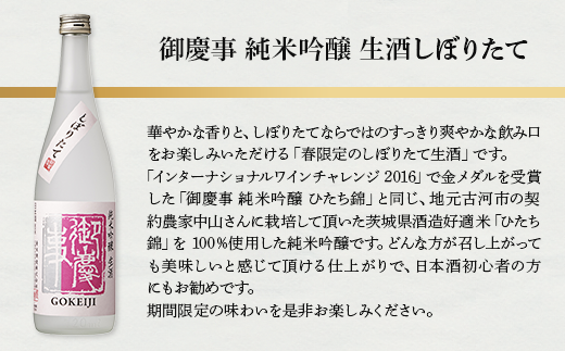 季節限定　御慶事無濾過生原酒・生酒しぼりたてセット　720ml　各1本 ※離島への配送不可 ｜酒 お酒 地酒 日本酒 飲み比べ セット ギフト 家飲み 贈答 贈り物 古河市 プレゼント お祝 記念日 _AA40※2024年12月中旬～2025年4月下旬頃に順次発送予定