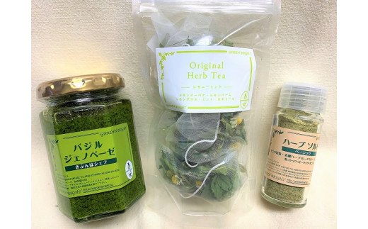 バジルジェノベーゼ 万能ハーブソルト 食後に最適なハーブティの3点セット | バジルソース ハーブソルト 調味料 ハーブティ 茶 お茶 セット 新鮮 ハーブ農家 国産 取り寄せ お取り寄せ 贈答 贈り物 プレゼント お中元 お歳暮 御歳暮 茨城県 古河市 直送 農園直送 送料無料 _CI03