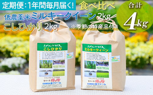 【定期便】1年間毎月届く！低農薬米ミルキークイーン2kg＋こしひかり2kg 食べ比べ 合計4kg ※季節の特産品付き | 米 こめ コメ 4キロ 定期便 低農薬米 食べ比べ 食べくらべ こしひかり コシヒカリ ミルキークイーン みるきーくいーん 特産品 古河市産 茨城県産 贈答 贈り物 プレゼント 茨城県 古河市 直送 農家直送 産地直送 送料無料 _BI92