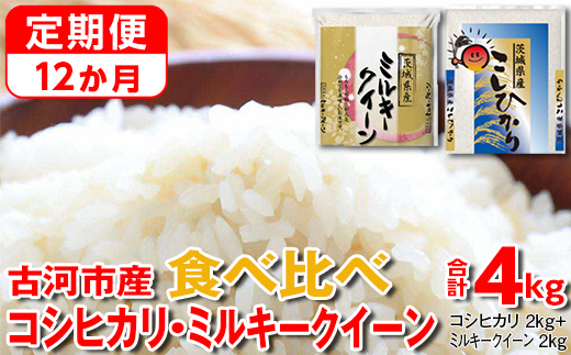 【定期便 12か月】【新米】令和7年産 古河市のお米食べ比べ コシヒカリ・ミルキークイーン 2kg×2種類｜米 コメ こめ ごはん ご飯 ゴハン 白飯 単一米 国産 コシヒカリ こしひかり ミルキークイーン 食べ比べ 2kg×2 4kg 定期便 12ヶ月 12回 1年 茨城県_DP51