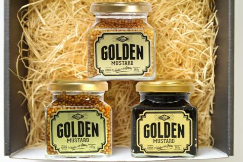 ゴールデンマスタード　ギフトBOX3点セット（ゴールド・ブラック・マーレ）各140g ｜ 調味料 マスタード からし 洋からし おいしい ギフト 贈答 贈り物 プレゼント 記念日 記念品 ご褒美 お祝 お中元 お歳暮 詰め合わせ 食べ比べ 茨城県 古河市 _DS01
