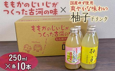 【飲み比べ】ももかのじいじがつくった古河の味×国産ゆず使用爽やかな味わい柚子ドリンク　250ml×各10本入 ※着日指定不可 | ドリンク 飲み比べ 桃 柚子 もも モモ ゆず ユズ ジュース びん ビン 飲料 ご当地ドリンク 飲みくらべ 取り寄せ お取り寄せ ご家庭用 手土産 美味しい すっきり ギフト 厳選 贈答 贈り物 お中元 夏ギフト プレゼント 茨城県 古河市 送料無料 _EG03