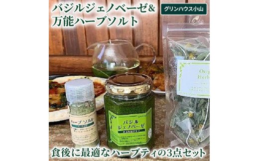 バジルジェノベーゼ 万能ハーブソルト 食後に最適なハーブティの3点セット | バジルソース ハーブソルト 調味料 ハーブティ 茶 お茶 セット 新鮮 ハーブ農家 国産 取り寄せ お取り寄せ 贈答 贈り物 プレゼント お中元 お歳暮 御歳暮 茨城県 古河市 直送 農園直送 送料無料 _CI03
