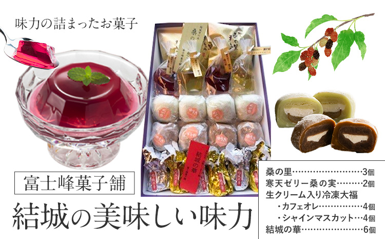 和菓子 結城の美味しい味力(みりょく)満載 富士峰菓子舗[90日以内に出荷予定(土日祝除く)]茨城県 結城市 和菓子 スイーツ 詰め合わせ 桑の里 寒天ゼリー 白餡 すりごま入り餡 ホワイトチョコレート 大福 コーヒー 抹茶 シャインマスカット---yuki_fjk_4_s1---