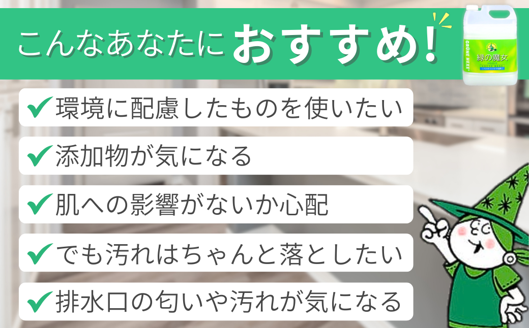 緑の魔女キッチン5L×1本 洗剤+パイプクリーナー機能付き環境配慮型洗剤 | 茨城県 龍ケ崎市 洗剤 環境 エコ やさしい 手肌 優しい 弱酸性 パイプクリーナー 詰まり 臭い キッチン 台所洗剤 植物由来 キッチン洗剤 液体洗剤 安心 お中元 お歳暮 ギフト 大掃除