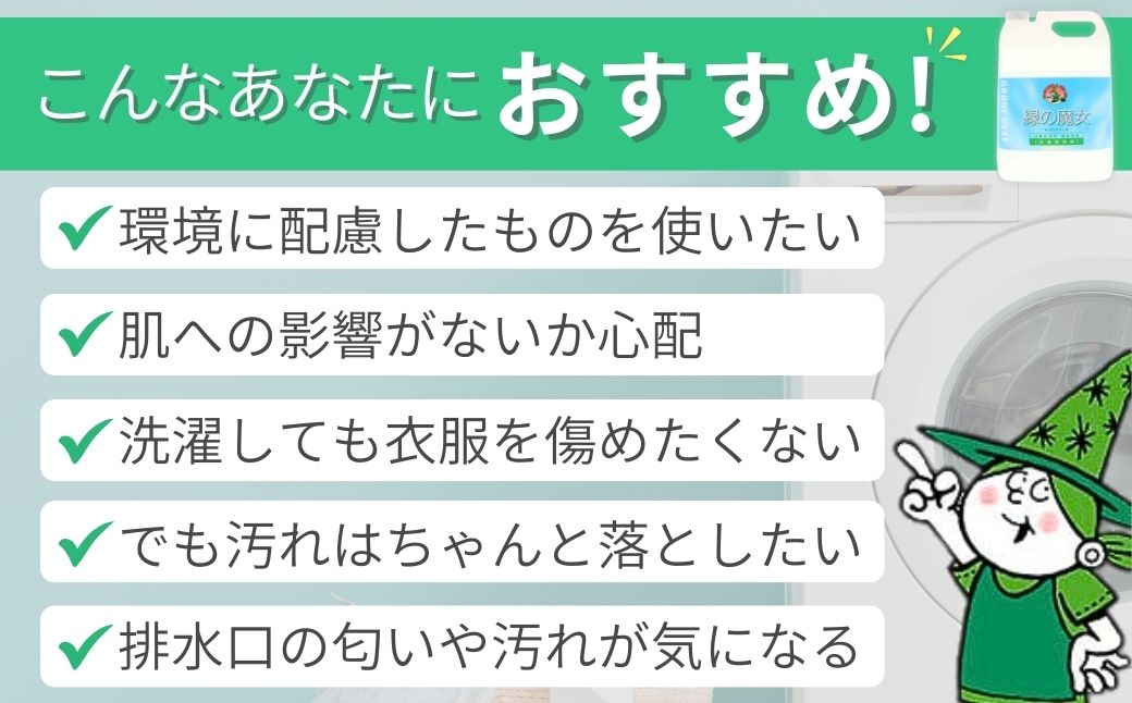 緑の魔女ランドリー5L×1本 一石二鳥 洗剤+パイプクリーナーの機能可 次世代型環境配慮型洗剤【洗剤 液体 環境配慮 洗濯 1万件以上の口コミ  世界中で愛される 洗濯洗剤 洗濯用洗剤 衣類洗剤 日常品 贈答品 ギフト プレゼント】: 龍ケ崎市ANAのふるさと納税