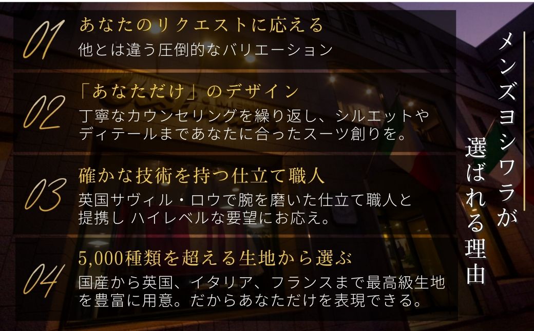 【自宅へ出張訪問】老舗テーラーが仕立てるオーダースーツ・オーダーシャツお仕立て補助券(600,000円)