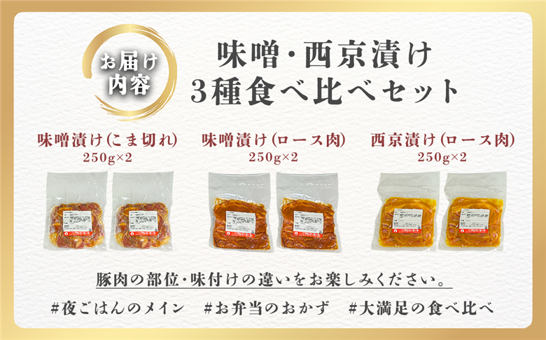 【 下妻工場直送 】国産豚肉味噌漬け 3種 食べ比べ 1.5kg 冷凍 ( 250g × 6パック / 小分け 真空包装 ) 【 豚肉 ロース セット パック 国産 豚ロース 味噌漬け 食べ比べ 西京漬け おかず 便利 お弁当 マルリン 】