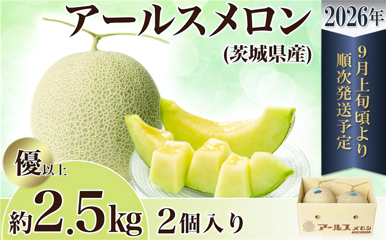 【 先行予約 】 茨城県産 アールスメロン 約2.5kg （ 2個 ）【 2026年9月上旬～10月上旬ごろ発送予定 】【 国産メロン 茨城県産メロン メロンの王様 高級メロン めろん  果物 くだもの フルーツ 季節限定 人気 贈り物 お取り寄せ プレゼント 厳選 デザート マスクメロン ムスク マスク 】 約2.5kg（青肉）