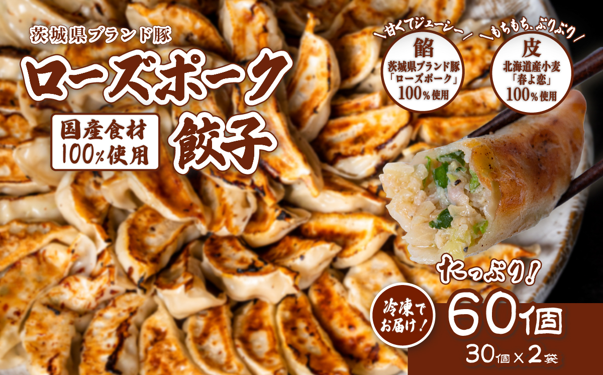 ローズポーク餃子 たっぷり 60個 ( 冷凍 30個 × 2袋)【 茨城県産  ローズポーク 豚肉 キャベツ 北海道産小麦 春よ来 使用 もちもち ぷりぷり 皮 ギョウザ ギョーザ チャオズ 中華 餃子人気 飲茶 】