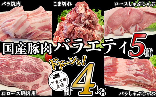 国産豚肉 バラエティ5種セット 4kg （ 小分け 真空包装 ）【 下妻工場直送 】【 豚肉 パック セット ロース バラ しゃぶしゃぶ 豚しゃぶ 小分け 便利 国産 料理 ポーク ぶたにく 国産豚 マルリン  】