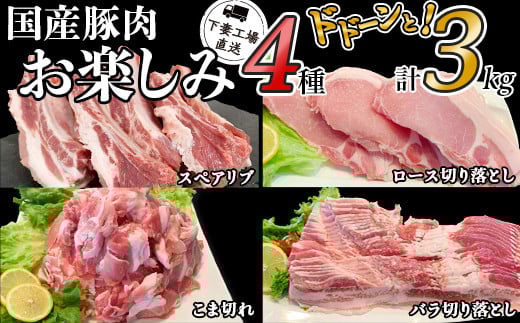 国産豚肉 お楽しみ4種セット 3kg （ 小分け 真空包装 ）【 下妻工場直送 】【 豚肉 セット こま切れ ロース バラ 豚バラ バラ切り落とし 肉 豚こま切れ 小分け パック 便利 マルリン 】