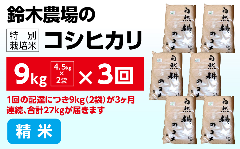 【定期便】定期便3ヶ月連続お届け 令和六年産特別栽培米コシヒカリ9kg 精米 合計27kg