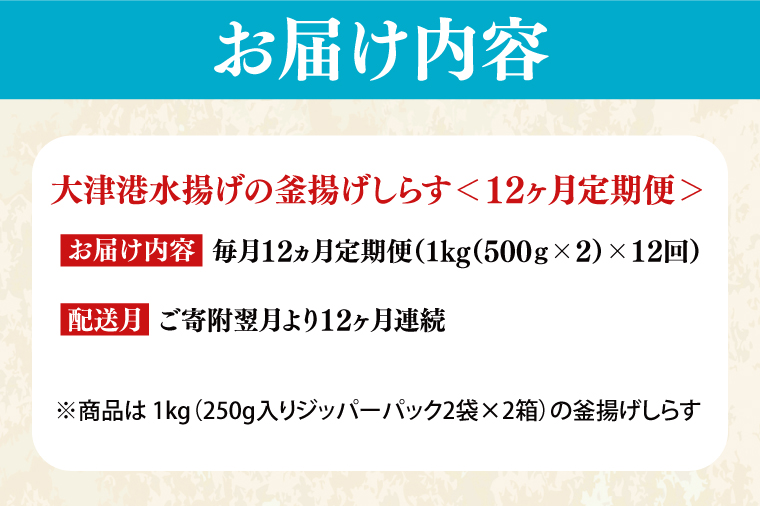 大津港水揚げの釜揚げしらす＜12ヶ月定期便＞＜毎月＞　1kg×12回【海鮮 魚介類 しらす シラス ご飯のお供 たっぷり お手頃 個包装】(AS215)
