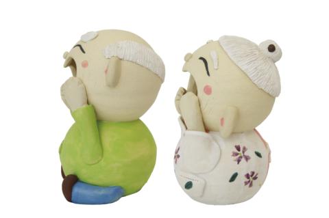 しあわせ　じじ・ばば　14cm【インテリア陶器飾り笑顔】(BF206)