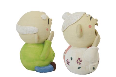 しあわせ　じじ・ばば　14cm【インテリア陶器飾り笑顔】(BF206)