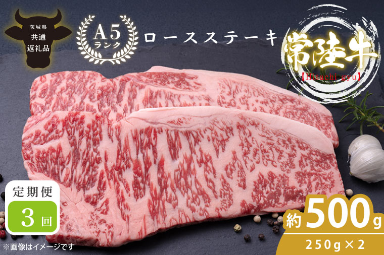 【3回定期便】最高級A4.A5ランク 常陸牛ロースステーキ500ｇ（250ｇ×2）×3回【人気肉 お肉 牛肉 和牛 黒毛和牛 国産黒毛和牛 ロース肉 ステーキ 国産牛 焼肉 焼き肉 バーベキュー BBQ A5 ブランド牛】(CR107)