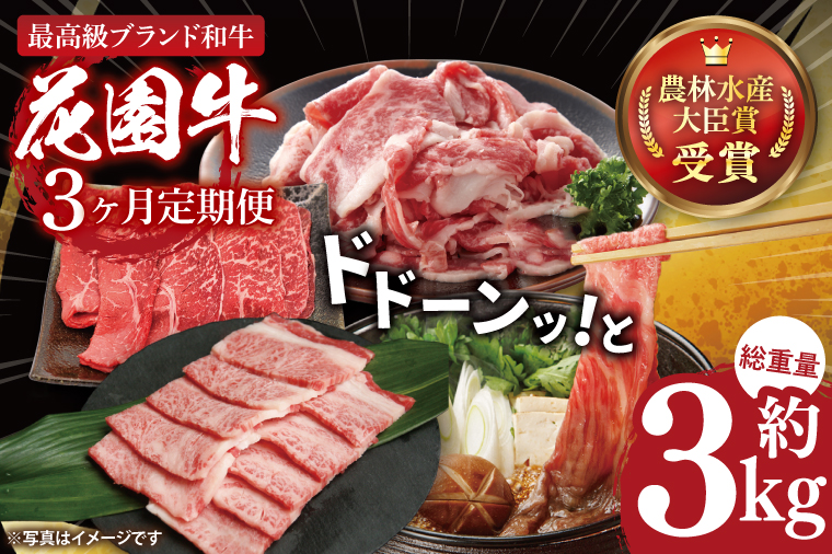 【3ヶ月定期便】花園牛どどーんっ！と定期便 総重量約３kg超え【牛肉 ブランド牛 ステーキ すき焼き 焼肉 お肉 贅沢 冷凍 茨城県 北茨城市】(DC005)