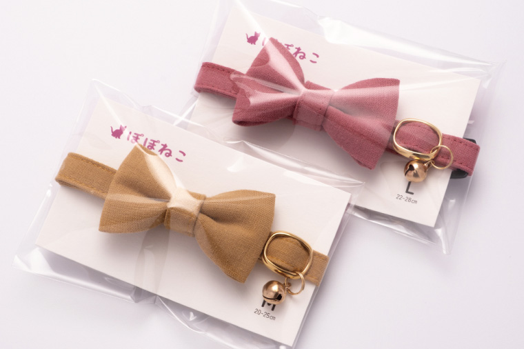 ぽぽねこ リボン付き猫首輪 MUJIコットンプレーン セイフティバックル・鈴付き・ハゲにくい・ペット用品（BP008）