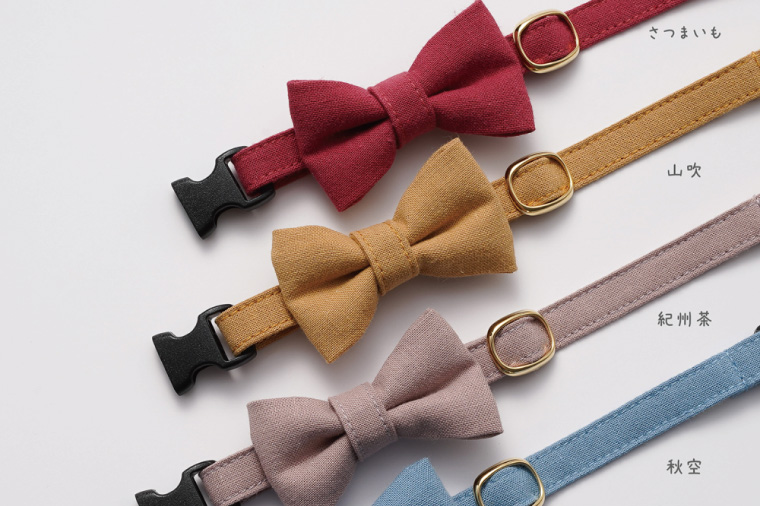 ぽぽねこ リボン付き猫首輪 MUJIコットンプレーン セイフティバックル・鈴付き・ハゲにくい・ペット用品（BP008）