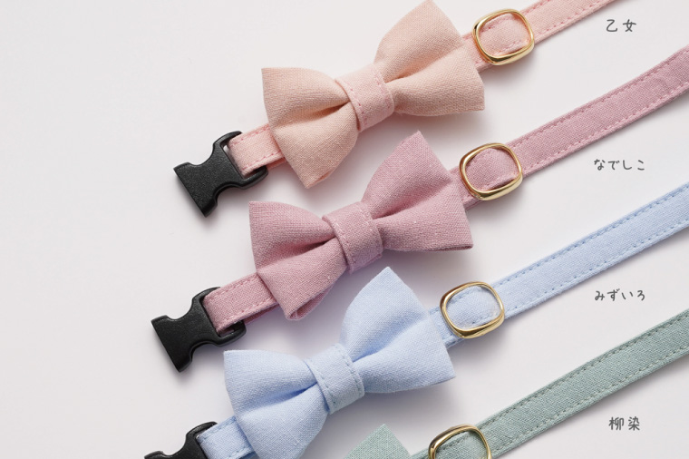 ぽぽねこ リボン付き猫首輪 MUJIコットンプレーン セイフティバックル・鈴付き・ハゲにくい・ペット用品（BP008）