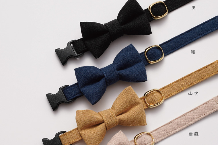 ぽぽねこ リボン付き猫首輪 MUJIコットンプレーン セイフティバックル・鈴付き・ハゲにくい・ペット用品（BP008）