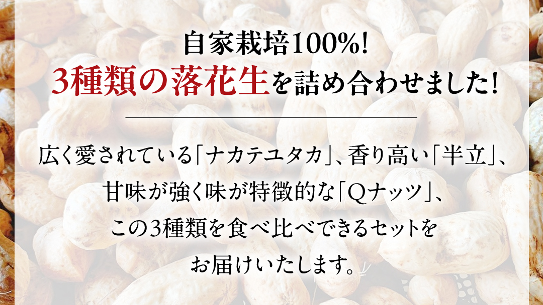【2025年11月以降発送】牛久市産落花生3種食べ比べ9袋セット ピーナッツ ピーナツ ナカテユタカ 中手豊 Qナッツ Qなっつ 半立 はんだち 食べ比べ 農園 自家栽培 有機栽培 おやつ おつまみ お菓子