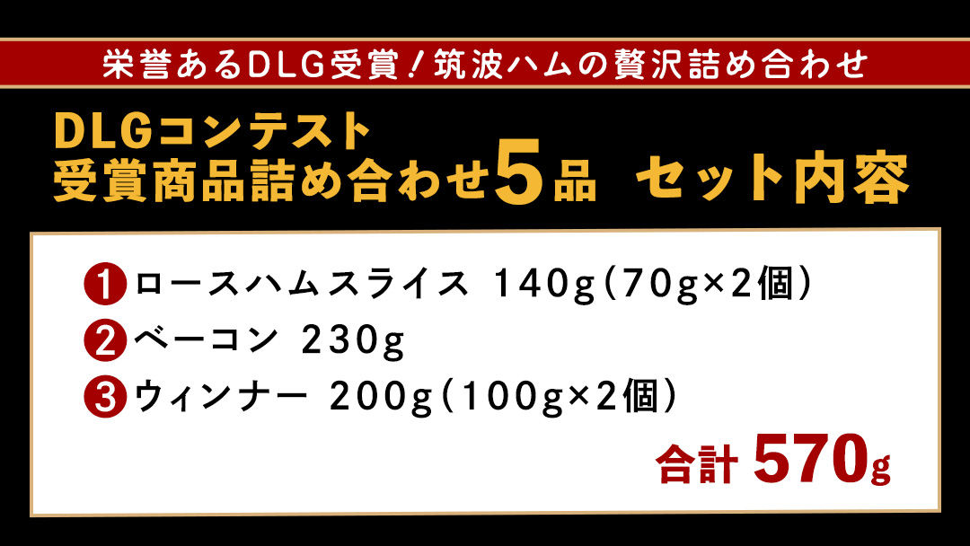 筑波ハム DLGコンテスト受賞商品 詰め合わせ ロースハムスライス ベーコン ウィンナー 合計570g ( 茨城県共通返礼品 ) 詰合せ 詰め合わせ 肉 豚 ウィンナー 熟成 贅沢