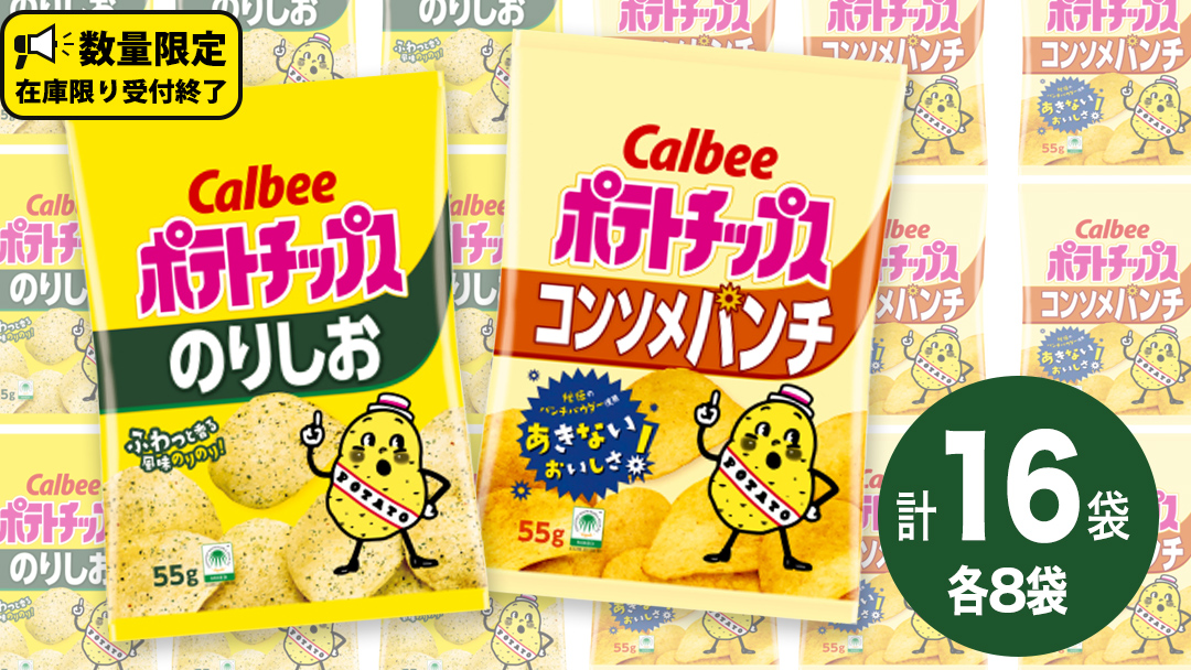カルビー ポテトチップス レギュラー サイズ　2種類 詰め合わせ 16袋（ コンソメ ／ のりしお ） ポテチ お菓子 おかし 大量 スナック おつまみ ジャガイモ じゃがいも まとめ買い