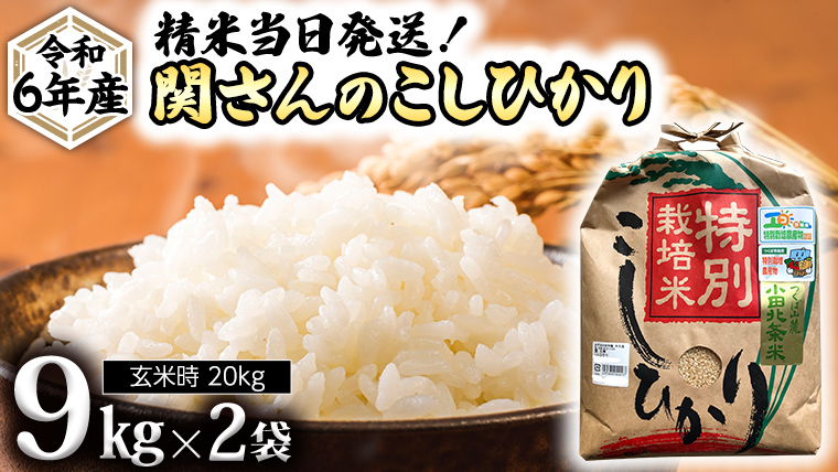 [ 特別栽培米 ]令和6年産 精米日出荷 関さんの「 こしひかり 」 9kg × 2袋 ( 玄米時 20kg ) 新鮮 コシヒカリ 精米 米 こめ コメ