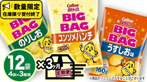 [ カルビー 3ヶ月 定期便 ] ポテトチップス BIGBAG 3種 各4袋 セット うすしお のりしお コンソメパンチポテチ お菓子 おかし 大量 スナック おつまみ ジャガイモ じゃがいも