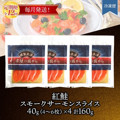 【毎月定期便】紅鮭スモークサーモン スライス 40g×4パック全12回【配送不可地域：離島】