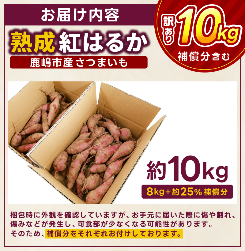 【先行予約】【2025年10月以降発送】【訳あり】 紅はるか さつまいも 計 約10kg (8kg+約25%補償分) 新鮮 土付き【サツマイモ 紅はるか 茨城県 鹿嶋市 10000円以下】（KAM-24） 10kg