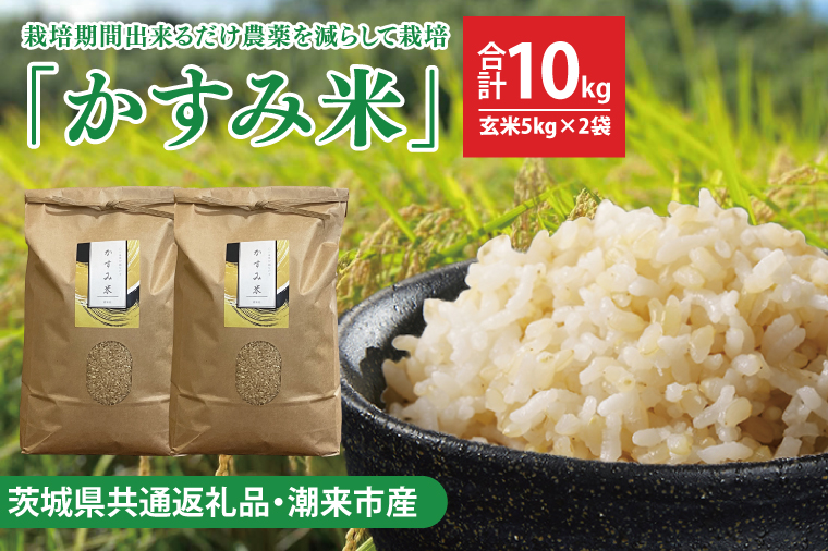 【茨城県共通返礼品・潮来市産】【先行予約】令和7年産新米　栽培期間出来るだけ農薬を減らして作る「かすみ米」（コシヒカリ）玄米10kg 【げんまい 減農薬 こしひかり おいしい おこめ 安心 安全 健康】（KBE-110）