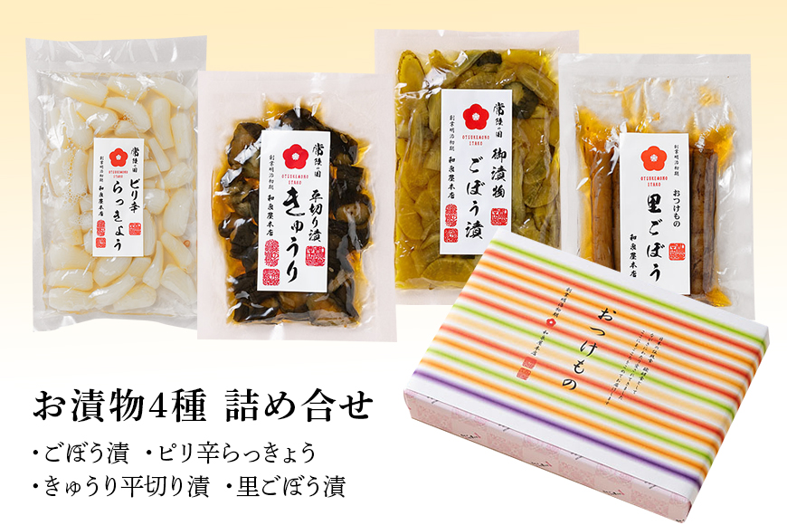 おつけもの 小袋4種詰め合わせ 80g×4パック ごぼう漬 ピリ辛らっきょう きゅうり平切り漬 里ごぼう漬 国産野菜使用 昔ながらの漬物 乳酸菌発酵 甘口醤油仕立て ご飯のお供 茨城県 潮来市 (A30-001)