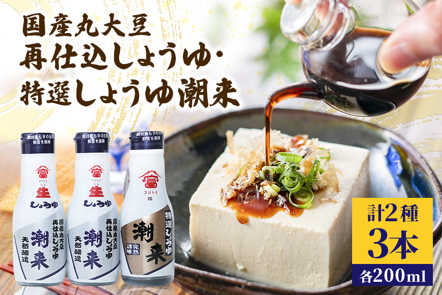 国産丸大豆再仕込み生しょうゆ 200ml×2本 特選しょうゆ潮来 200ml×1本 セット 濃厚な旨味 まろやか風味 フレッシュボトル使用 刺身 冷奴 煮物 煮魚 調味料 贈答用 ギフト お歳暮 茨城県 潮来市 (A09-003)